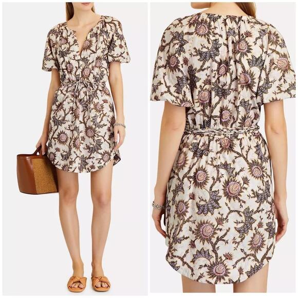 A.L.C. Adelaide Cotton Floral Tie-Waist Mini Dress Light Purple & Buttercream 4